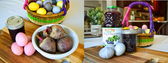 Left: Eggs dyed using beets, Right: Eggs dyed using grape juice.