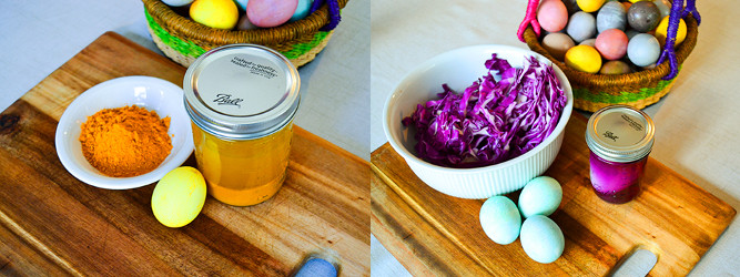Left: Eggs dyed using turmeric, Right: Eggs dyed using red cabbage.