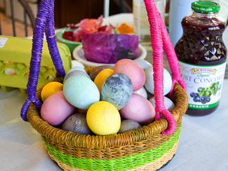 An Easter basket filled with beautiful, naturally dyed eggs.