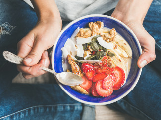 A healthy bowl of fruit and probiotic-rich yogurt.